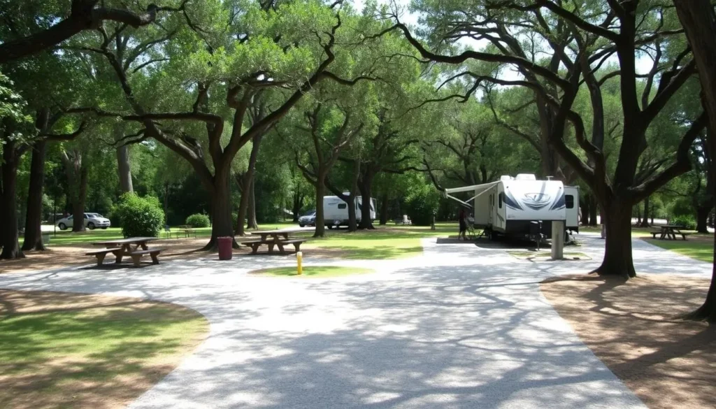Spacious RV campsite at Palmetto Island State Park Louisiana with hookups and surrounded by trees Spacious RV campsite at Palmetto Island State Park Louisiana with hookups and surrounded by trees
