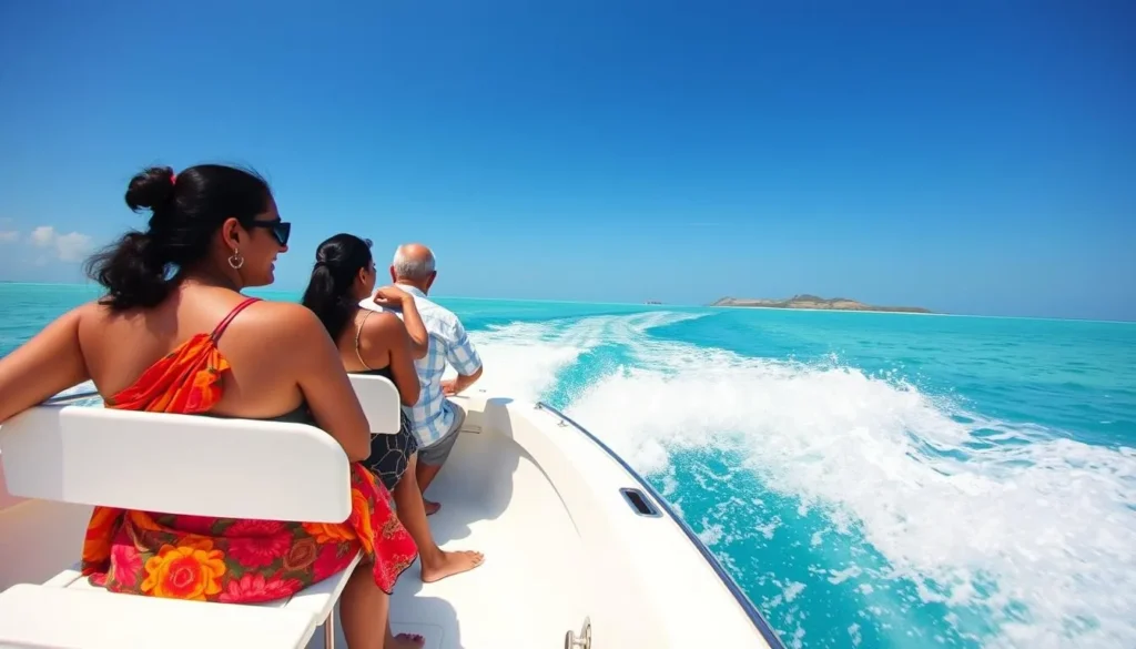 Speed boat traveling between Lakshadweep islands with passengers enjoying the view