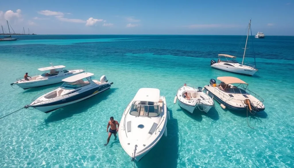 Speedboats and catamarans at Saona Island's shore for local transportation in the Dominican Republic