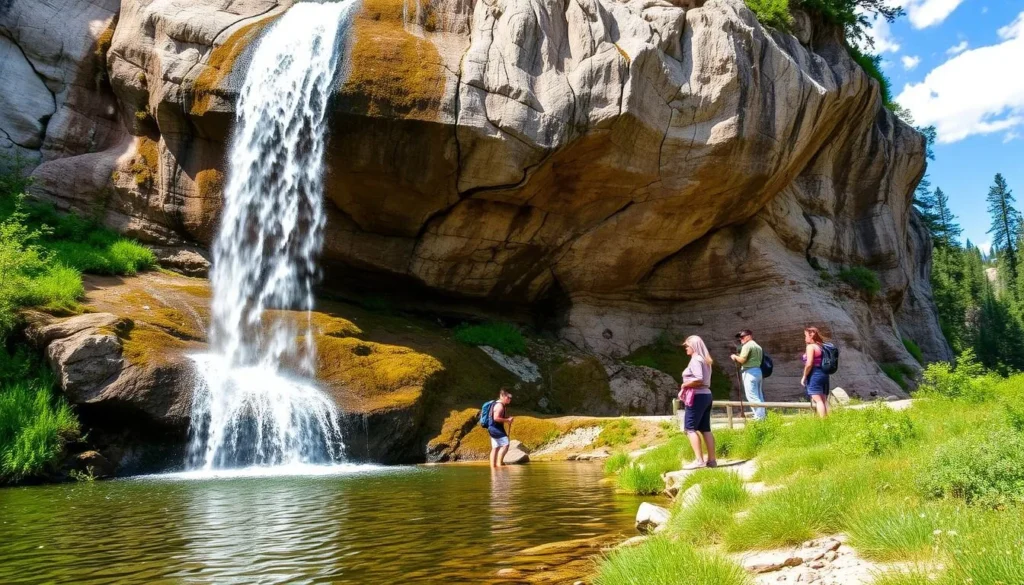 Spouting Rock waterfall near Hanging Lake Colorado with water emerging from rock face
