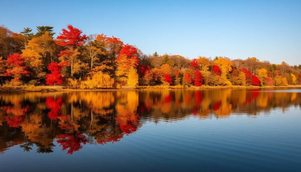 Spring Lake State Park in autumn with colorful fall foliage reflecting in the calm water