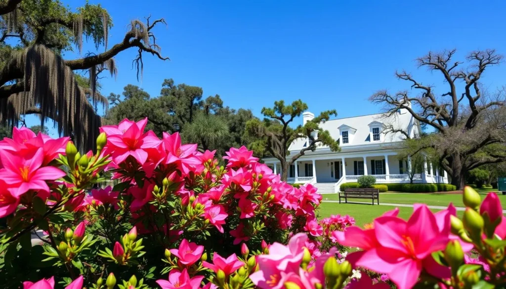 Spring blooms and azaleas surrounding a plantation home on Highland Road Spring blooms and azaleas surrounding a plantation home on Highland Road