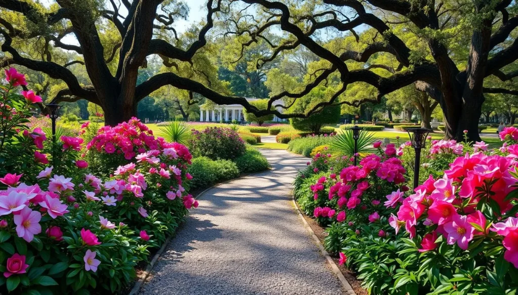 Spring gardens at Rosedown Plantation with blooming azaleas and camellias
