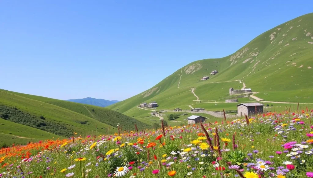 Spring landscape in Dagestan with blooming wildflowers covering mountain slopes