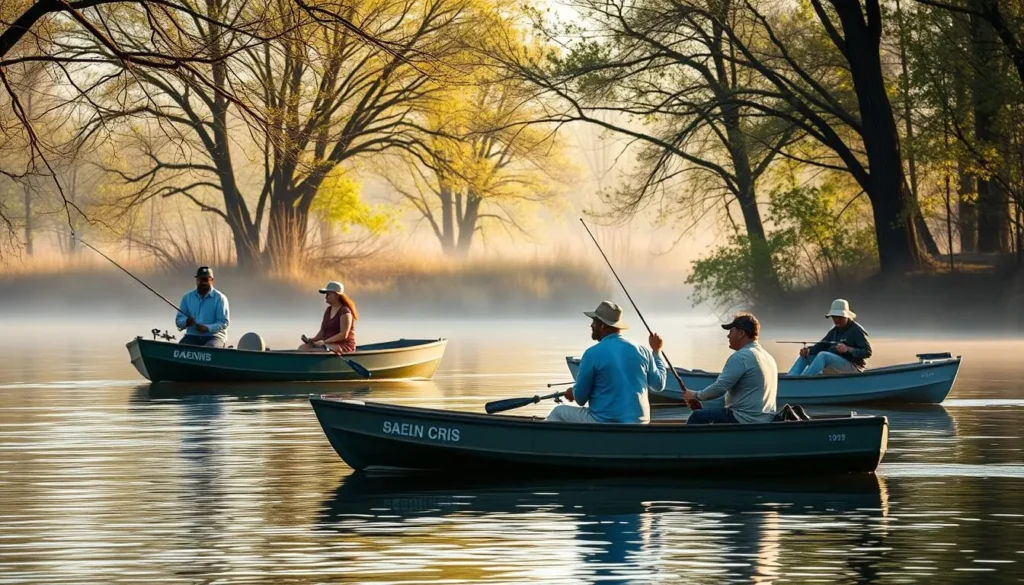 Spring morning at Sangchris Lake with fishermen enjoying the calm waters Spring morning at Sangchris Lake with fishermen enjoying the calm waters