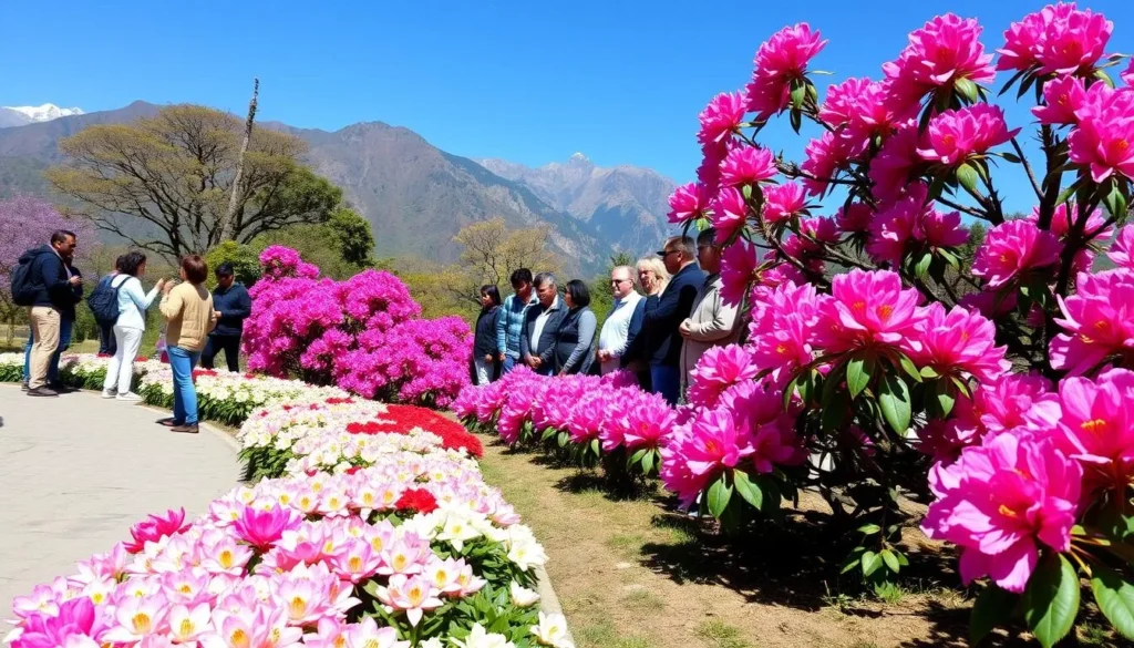 Spring season in Itanagar showing blooming rhododendrons against the backdrop of mountains