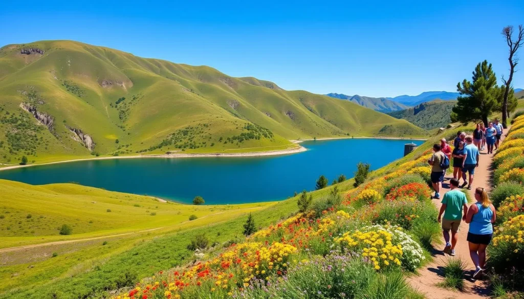 Spring view of San Luis Reservoir with green hills and wildflowers in bloom around the blue water Spring view of San Luis Reservoir with green hills and wildflowers in bloom around the blue water