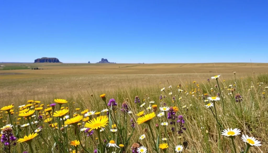 Spring wildflowers blooming across Comanche National Grassland with distant buttes