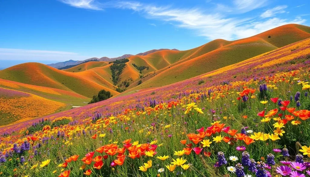Spring wildflowers blooming across Santa Monica Mountains hillsides