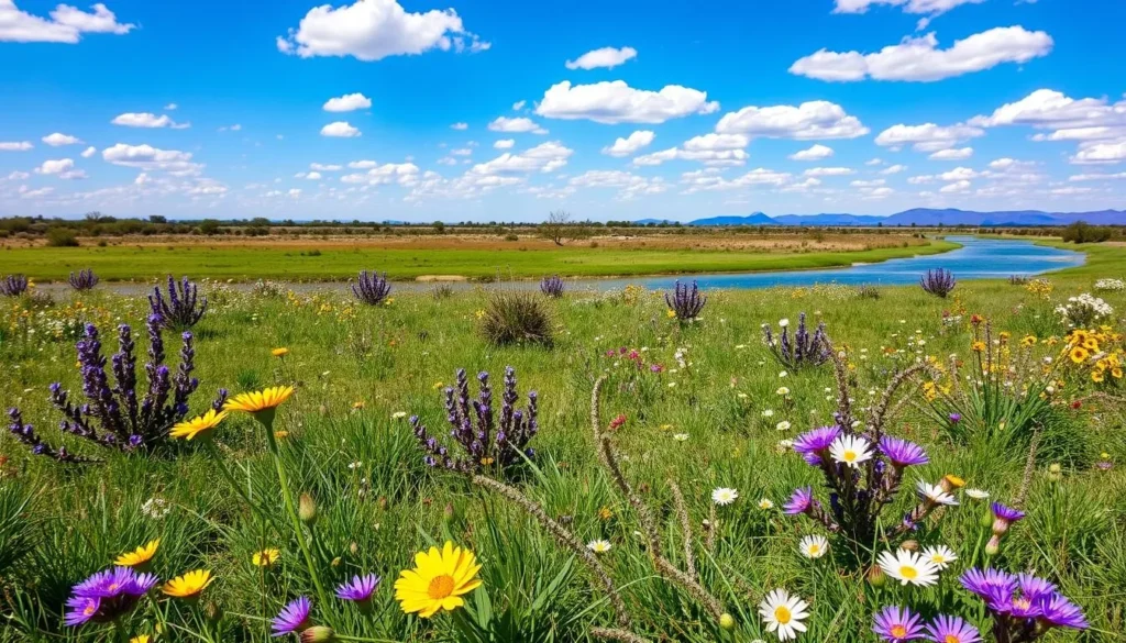 Spring wildflowers blooming across the San Rafael grasslands with the Santa Cruz River visible in the distance
