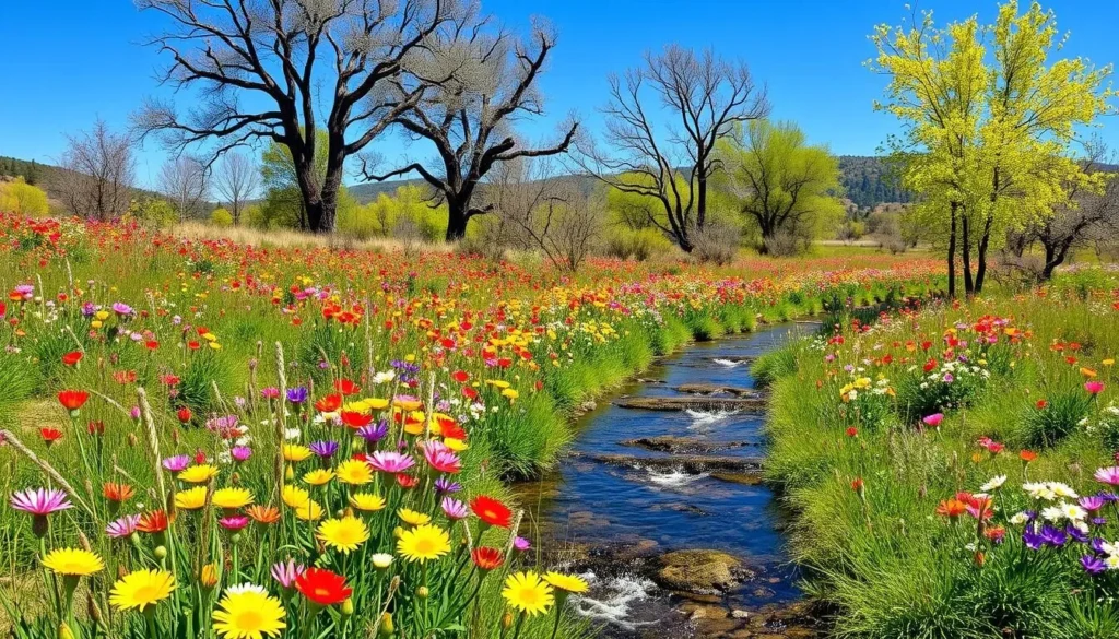 Spring wildflowers blooming along Sonoita Creek with cottonwood trees in the background at Patagonia-Sonoita Creek Preserve