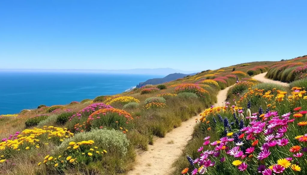 Spring wildflowers blooming along Wilder Ranch State Park coastal trail with Pacific Ocean views Spring wildflowers blooming along Wilder Ranch State Park coastal trail with Pacific Ocean views