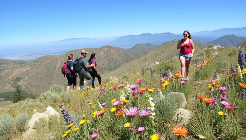 Spring wildflowers blooming along a Verdugo Mountains trail with hikers enjoying the view Spring wildflowers blooming along a Verdugo Mountains trail with hikers enjoying the view