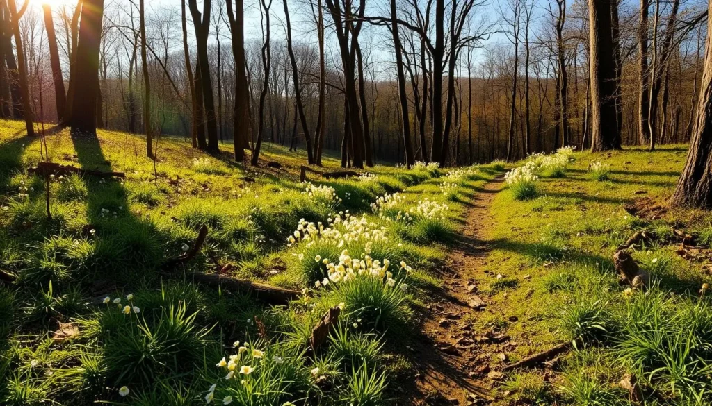 Spring wildflowers blooming along a trail at White Clay Creek Preserve with morning light filtering through trees