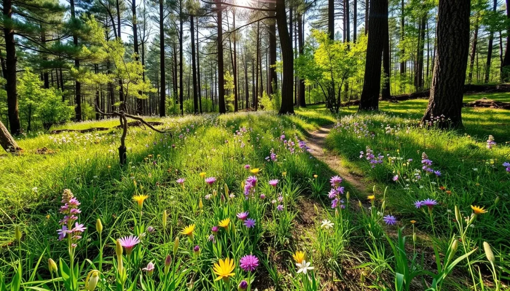 Spring wildflowers blooming along a trail in Kisatchie Ridge with sunlight filtering through pine trees