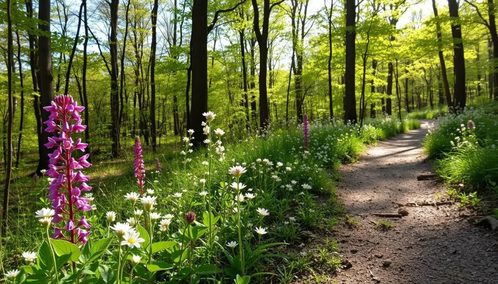 Spring wildflowers blooming along a trail in Trail of Tears State Forest Spring wildflowers blooming along a trail in Trail of Tears State Forest