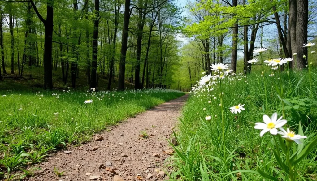 Spring wildflowers blooming along a trail in Tyler State Park Pennsylvania with lush green trees Spring wildflowers blooming along a trail in Tyler State Park Pennsylvania with lush green trees