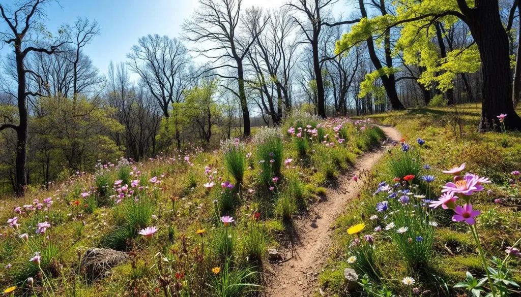 Spring wildflowers blooming along hiking trails in Sabine Uplift, Louisiana