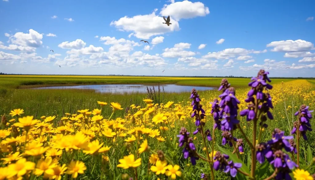 Spring wildflowers blooming along the Creole Nature Trail with birds in flight