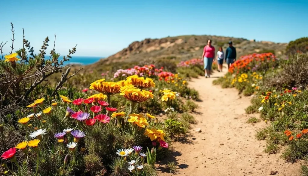 Spring wildflowers blooming along the Turtle Rock trail with hikers enjoying the view