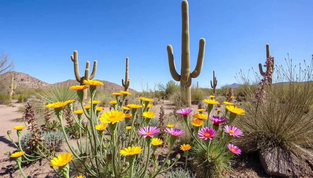 Spring wildflowers blooming among cacti at Tohono Chul Park with vibrant colors against the desert landscape