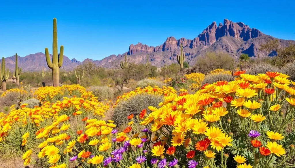Spring wildflowers blooming at Lost Dutchman State Park with the Superstition Mountains in the background Spring wildflowers blooming at Lost Dutchman State Park with the Superstition Mountains in the background