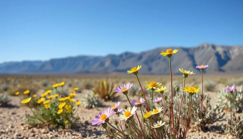 Spring wildflowers blooming in Bunker Hill, Nevada with mountains in the background