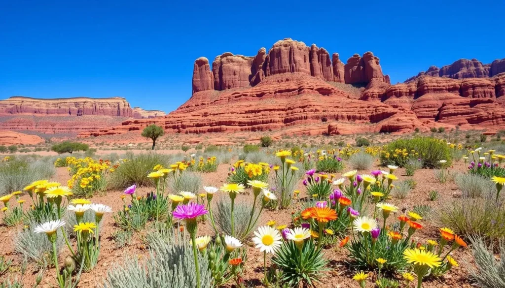 Spring wildflowers blooming in Dominguez-Escalante National Conservation Area with red rock formations in background Spring wildflowers blooming in Dominguez-Escalante National Conservation Area with red rock formations in background