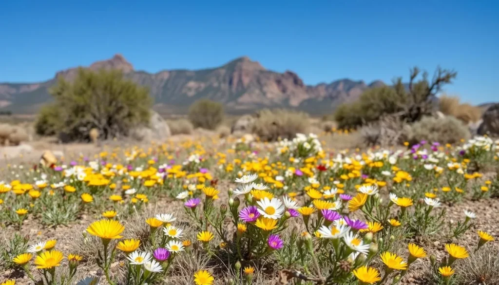 Spring wildflowers blooming in Oliver Lee Memorial State Park with mountains in the background