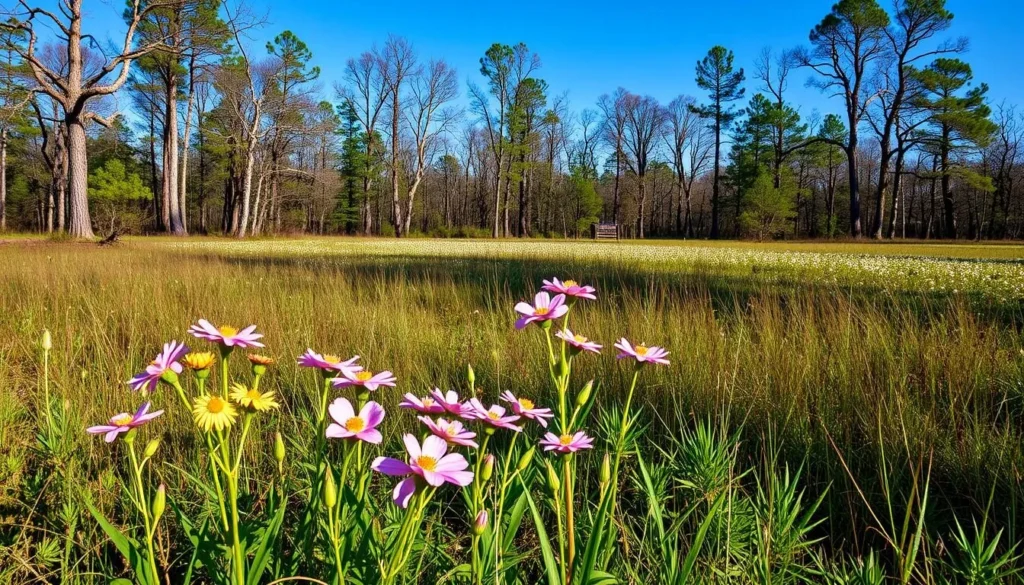 Spring wildflowers blooming in Pearl River Wildlife Management Area with cypress trees in background Spring wildflowers blooming in Pearl River Wildlife Management Area with cypress trees in background