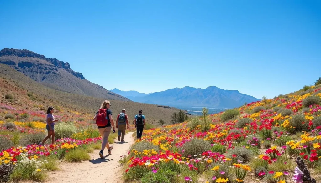 Spring wildflowers blooming in Santa Rosa and San Jacinto Mountains National Monument with hikers enjoying the trail Spring wildflowers blooming in Santa Rosa and San Jacinto Mountains National Monument with hikers enjoying the trail