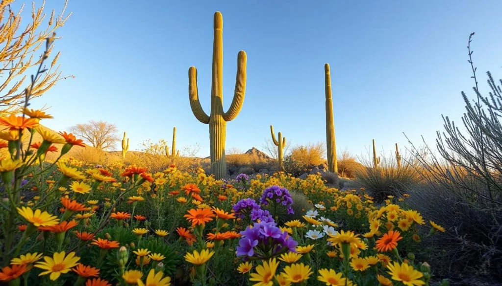 Spring wildflowers blooming in Sonoran Desert National Monument with saguaro cacti