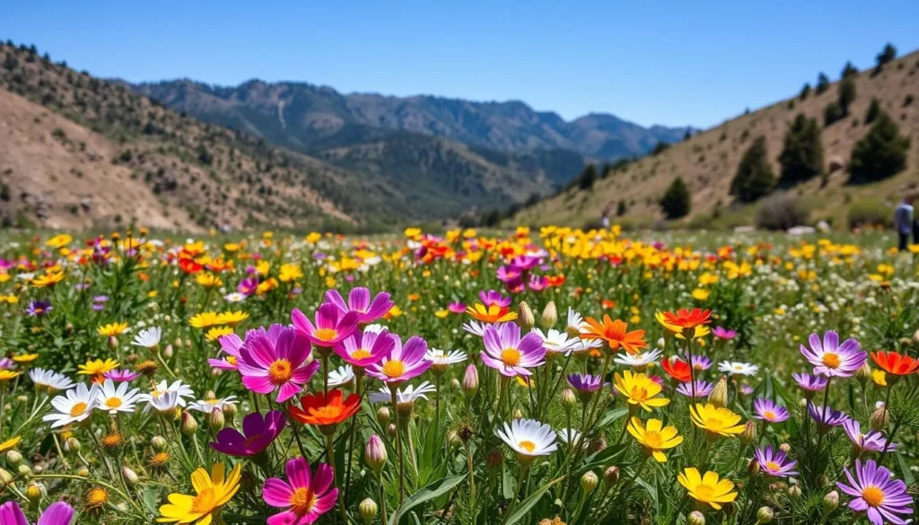 Spring wildflowers blooming in Wildwood Canyon with mountains in background Spring wildflowers blooming in Wildwood Canyon with mountains in background