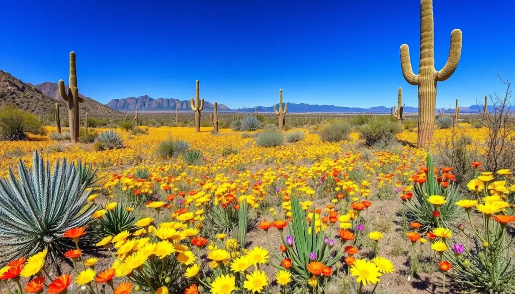 Spring wildflowers blooming in the Sonoran Desert with saguaro cacti