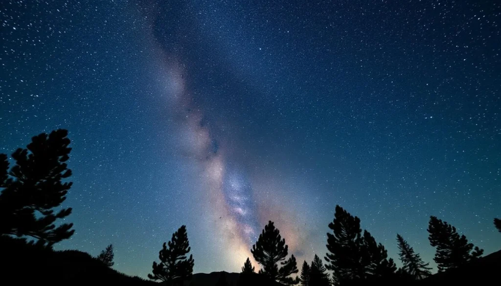 Starry night sky over Gila Wilderness with silhouettes of pine trees Starry night sky over Gila Wilderness with silhouettes of pine trees