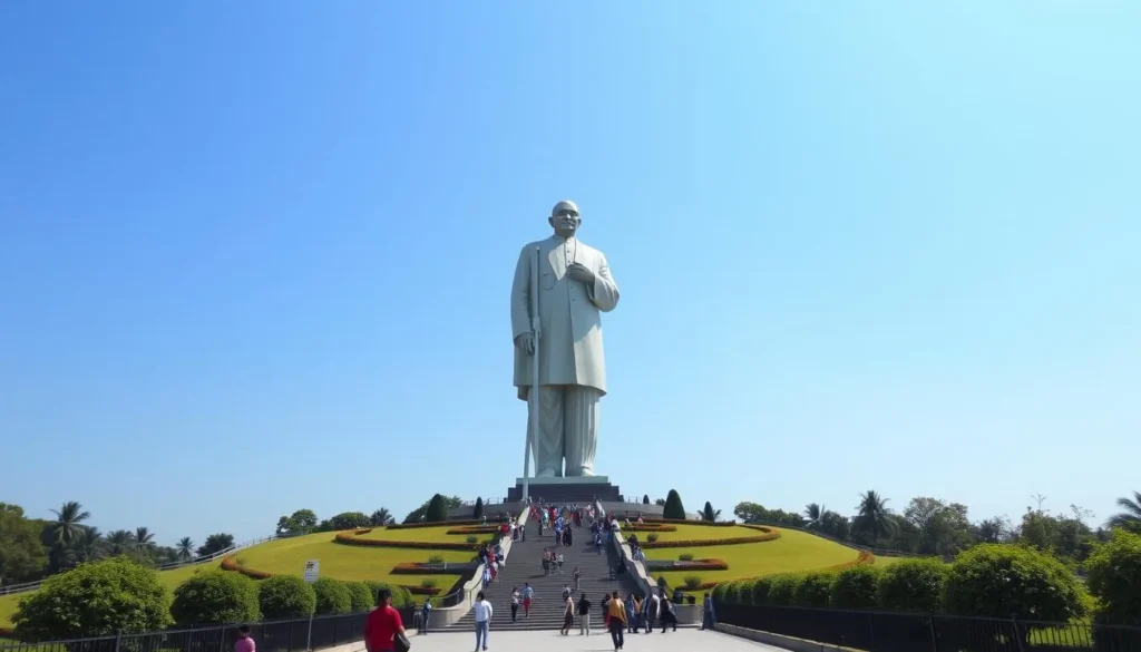 Statue of Unity in Gujarat, the world's tallest statue, with visitors and landscaped gardens