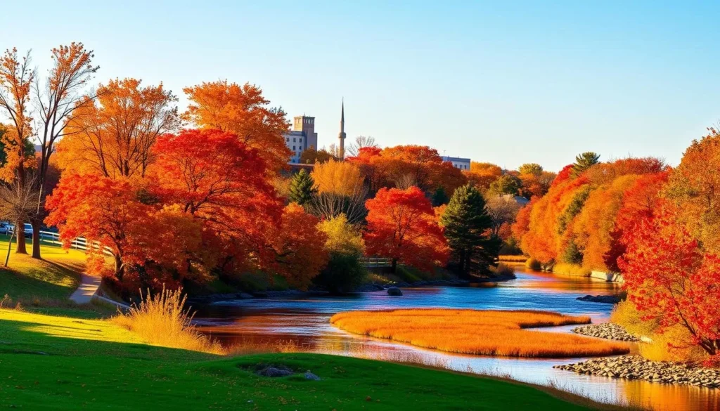 Sterling, Illinois in autumn with colorful fall foliage along the Rock River Sterling, Illinois in autumn with colorful fall foliage along the Rock River