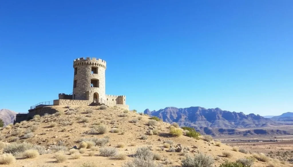 Stokes Castle in Austin, Nevada with desert landscape in background