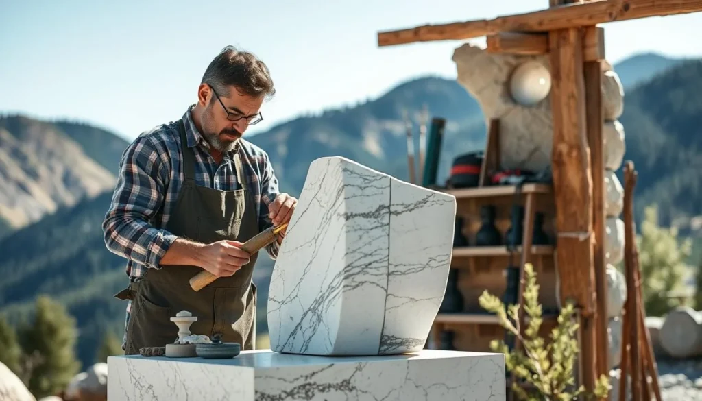 Stone sculptor working on marble piece in outdoor studio in Marble Colorado