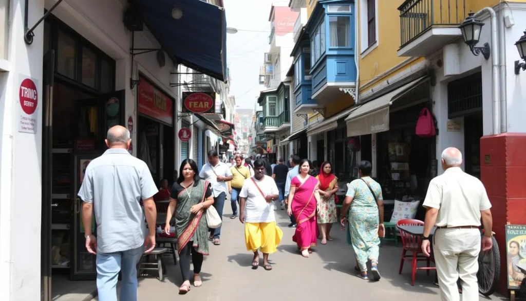 Street scene in Panaji showing local life with shops and pedestrians