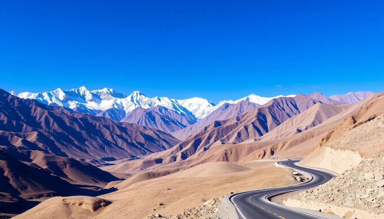 Stunning mountain landscape of Ladakh with snow-capped peaks and winding roads