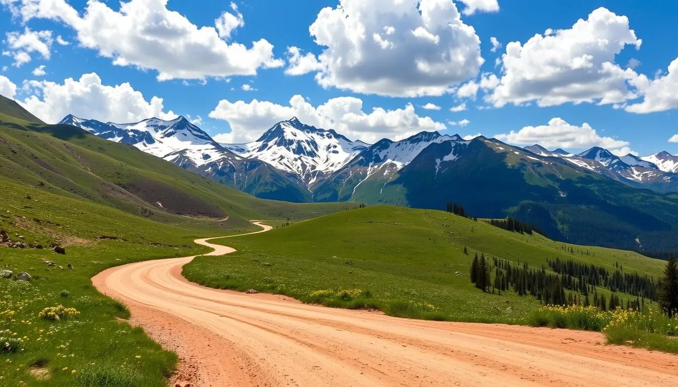 Stunning-mountain-vista-of-Engineer-Pass-Road-with-snow-capped-peaks-and-alpine-meadows-in-the- Stunning mountain vista of Engineer Pass Road with snow-capped peaks and alpine meadows in the distance