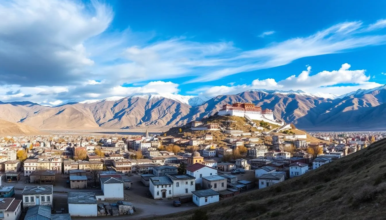 Stunning-view-of-Leh-town-nestled-between-snow-capped-Himalayan-mountains-with-traditional Stunning view of Leh town nestled between snow-capped Himalayan mountains with traditional Ladakhi architecture visible in the valley