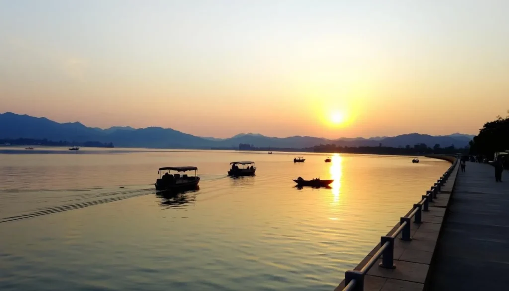 Sukhna Lake during sunset with people boating and mountains in background