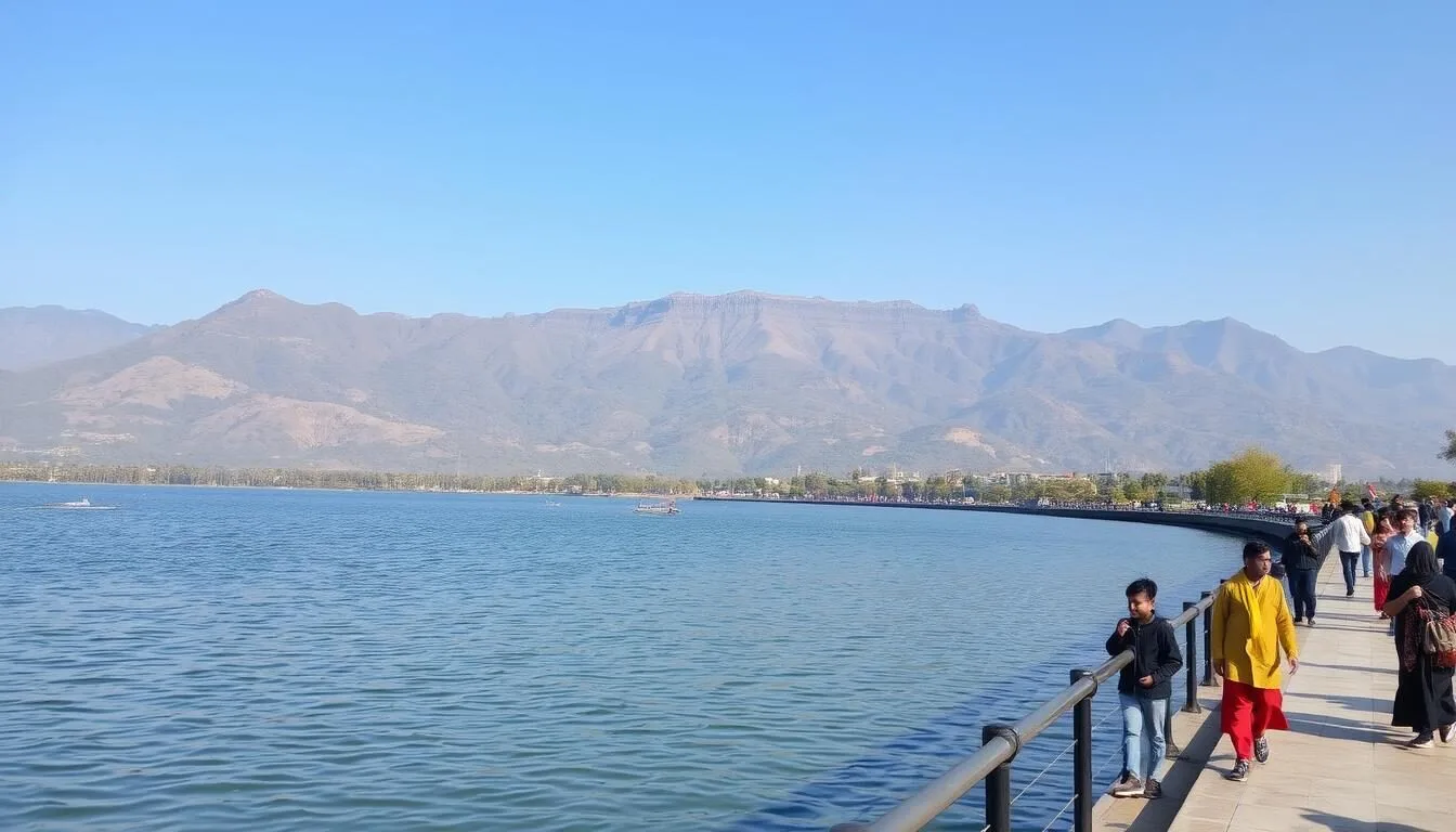 Sukhna Lake in Chandigarh during autumn with pleasant weather and visitors enjoying the scenery