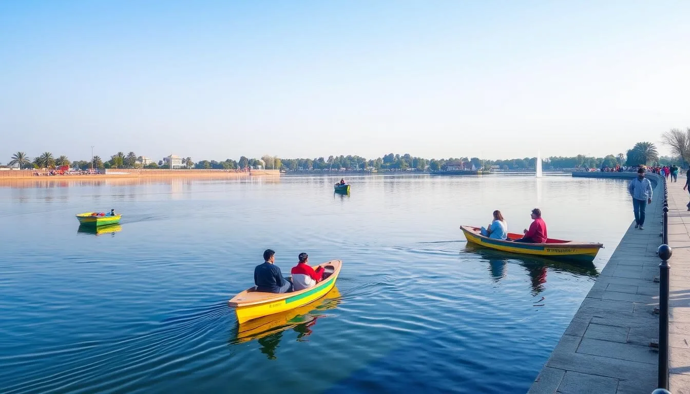 Sukhna Lake in Chandigarh during winter with clear blue skies and people enjoying leisure activities