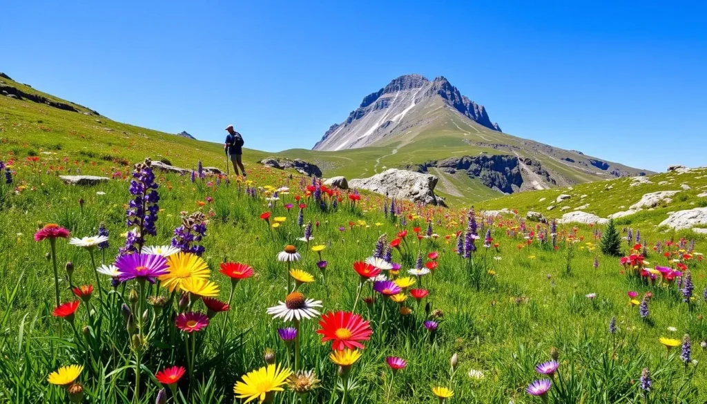 Summer alpine meadow near El Diente Peak with wildflowers blooming and the mountain visible in the background Summer alpine meadow near El Diente Peak with wildflowers blooming and the mountain visible in the background