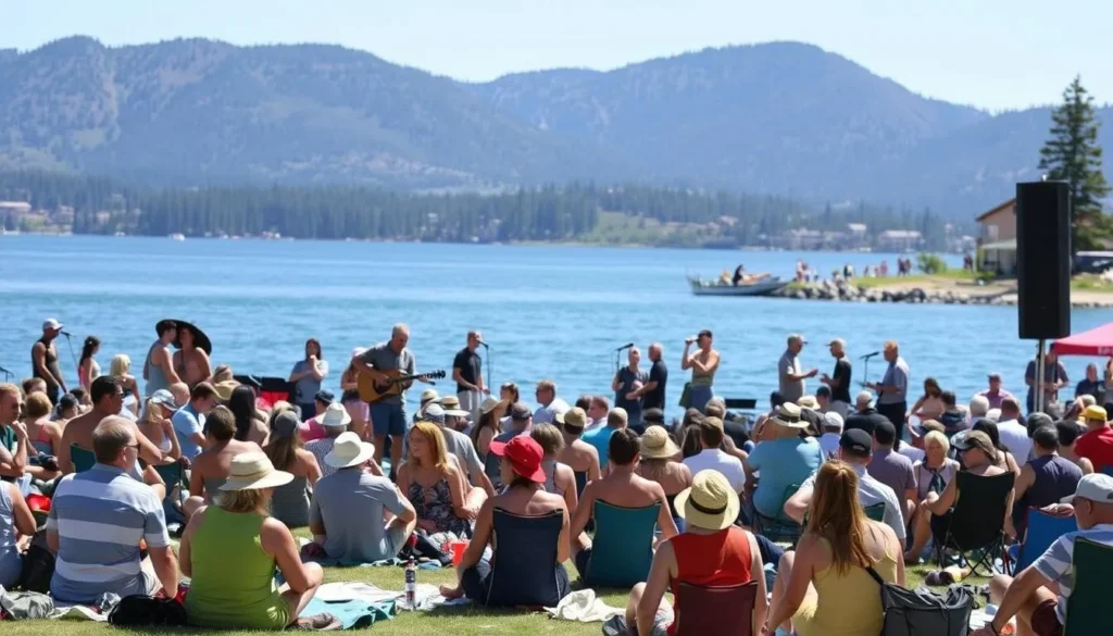 Summer concert at Commons Beach near Tahoe State Recreation Area with people enjoying music by the lake Summer concert at Commons Beach near Tahoe State Recreation Area with people enjoying music by the lake