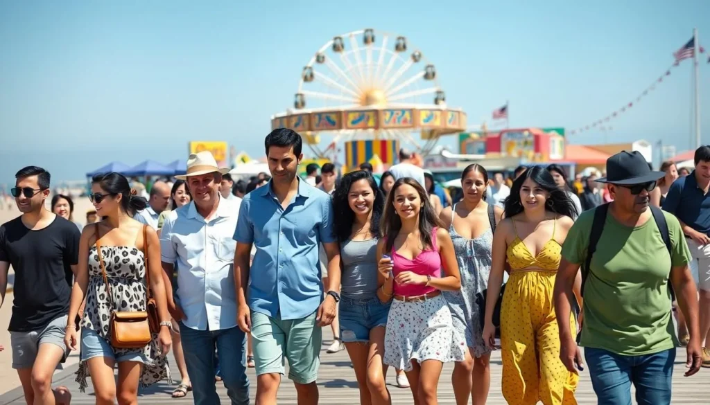 Summer crowd enjoying Santa Cruz Beach Boardwalk on a sunny day with diverse visitors Summer crowd enjoying Santa Cruz Beach Boardwalk on a sunny day with diverse visitors
