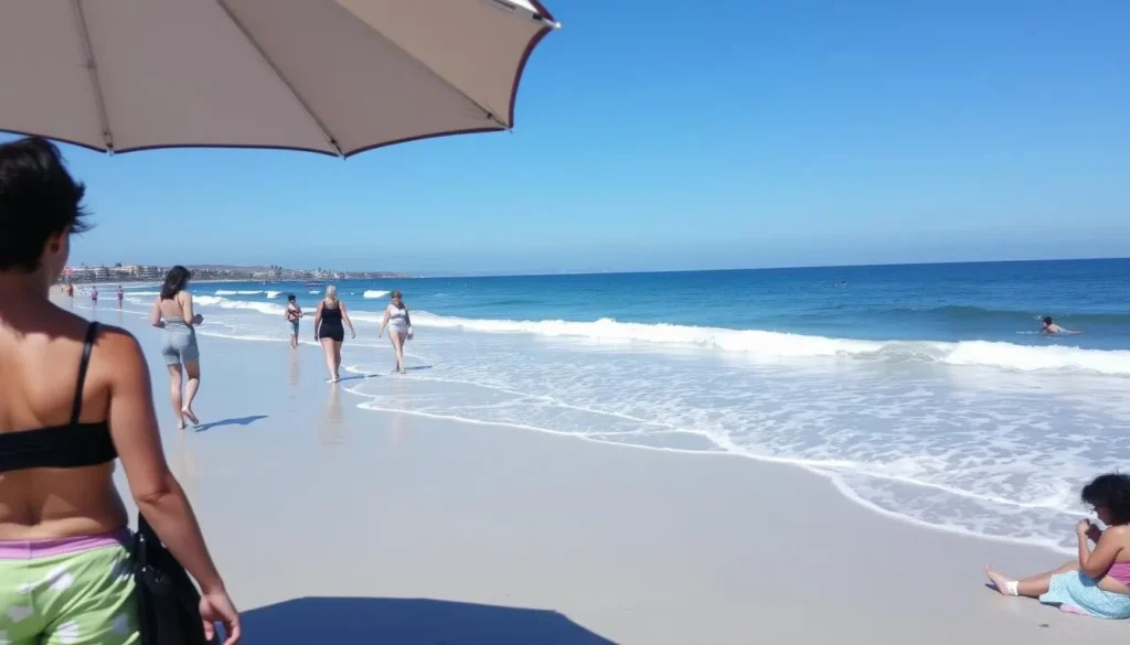 Summer day at Will Rogers State Beach with people enjoying the sunshine and ocean